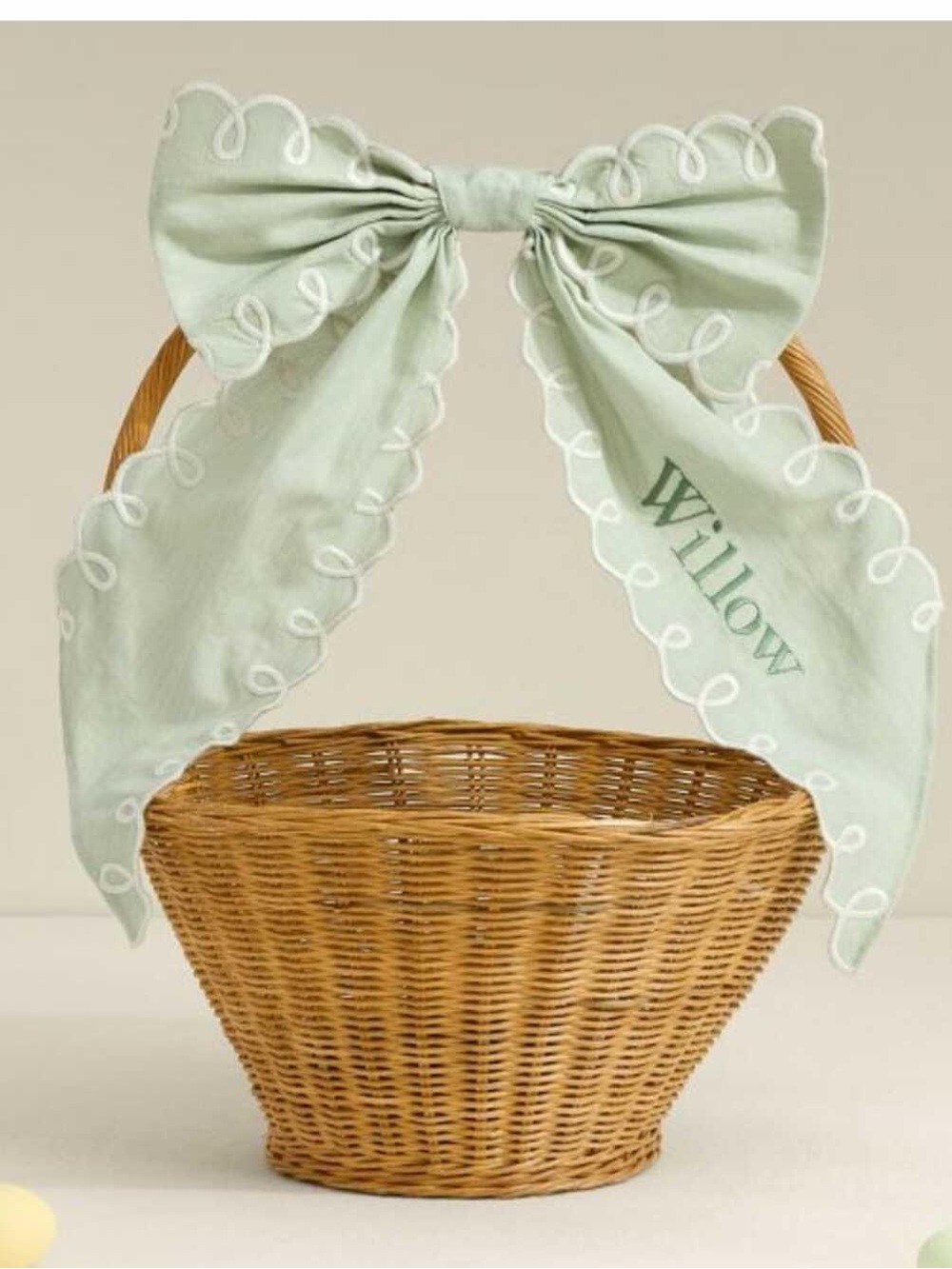 Pottery Barn Kids Sage Green Scalloped Bow Basket Tie with name “Charlotte”